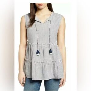 Caslon Striped Tiered Ruffle Tassel Tie Tank Top Blue